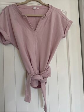 Women's Muted Pink Tie-Front Short Sleeve Sweatshirt Top